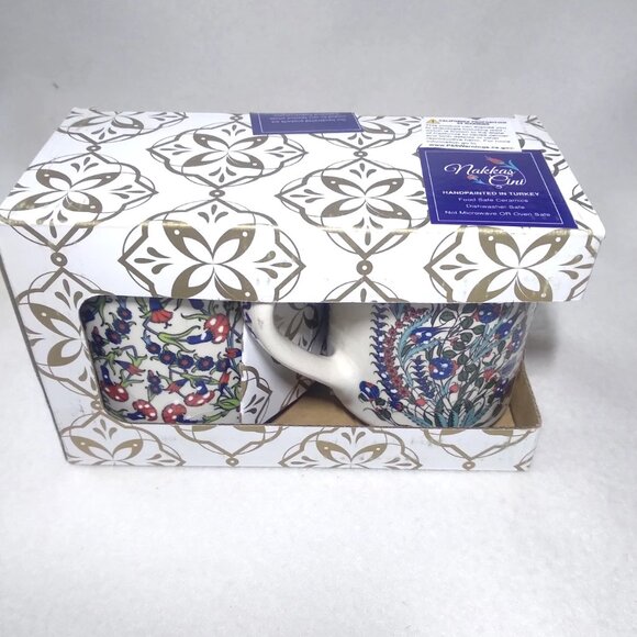 2 Artisan Nakkas Cini Turkish Ceramic Coffee Mugs Hand-Painted 4" Tall NEW BOX - Picture 2 of 9